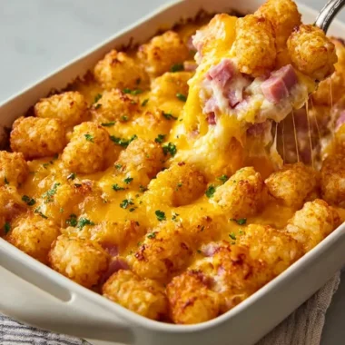 Delicious ham and tater tot casserole served in a baking dish