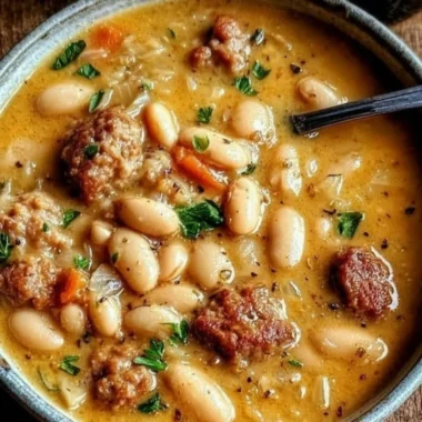 Bowl of hearty creamy bean soup garnished with herbs and bread