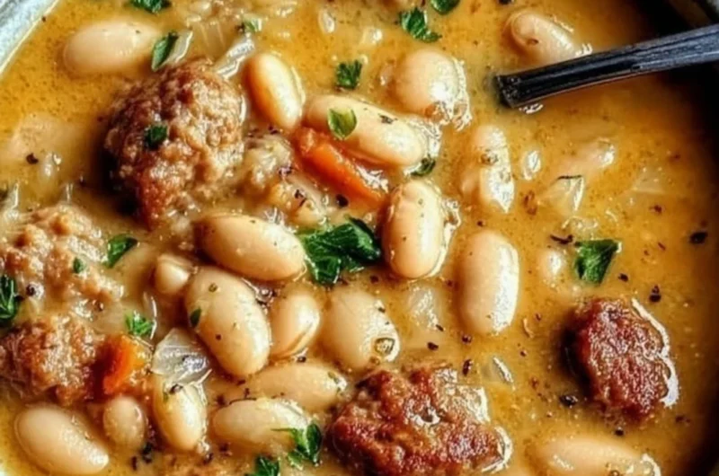 Bowl of hearty creamy bean soup garnished with herbs and bread