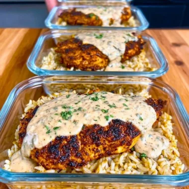 High Protein Creamy Cajun Chicken & Rice dish garnished with herbs