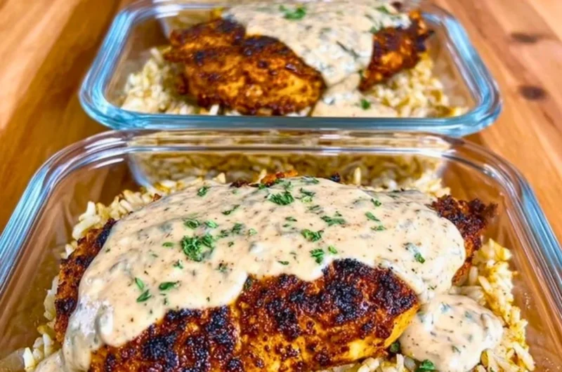 High Protein Creamy Cajun Chicken & Rice dish garnished with herbs