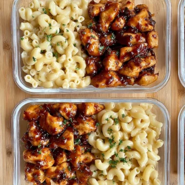 A delicious serving of Honey Pepper Chicken Mac and Cheese, topped with herbs.