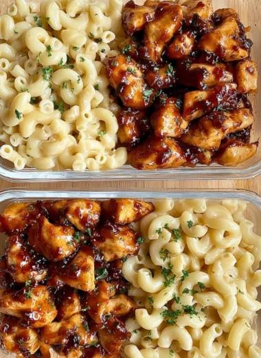 A delicious serving of Honey Pepper Chicken Mac and Cheese, topped with herbs.