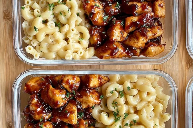 A delicious serving of Honey Pepper Chicken Mac and Cheese, topped with herbs.