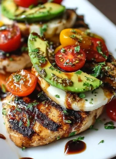 Juicy Grilled California Avocado Chicken on a plate with fresh herbs