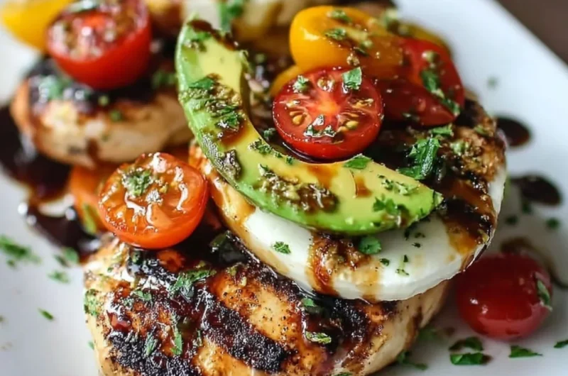 Juicy Grilled California Avocado Chicken on a plate with fresh herbs