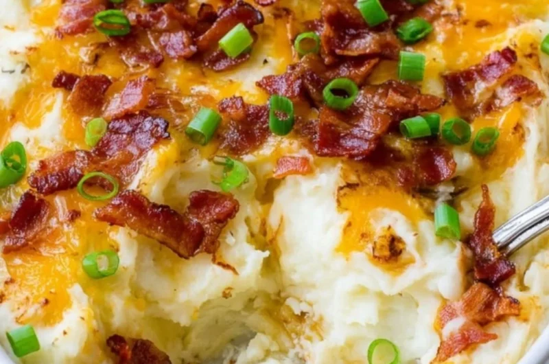Delicious Loaded Mashed Potato Casserole topped with cheese and green onions
