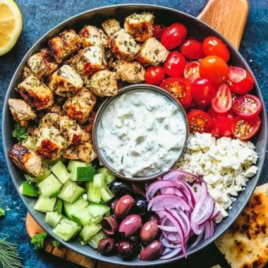 Delicious low-carb Keto Greek Chicken Bowl with fresh vegetables and feta cheese