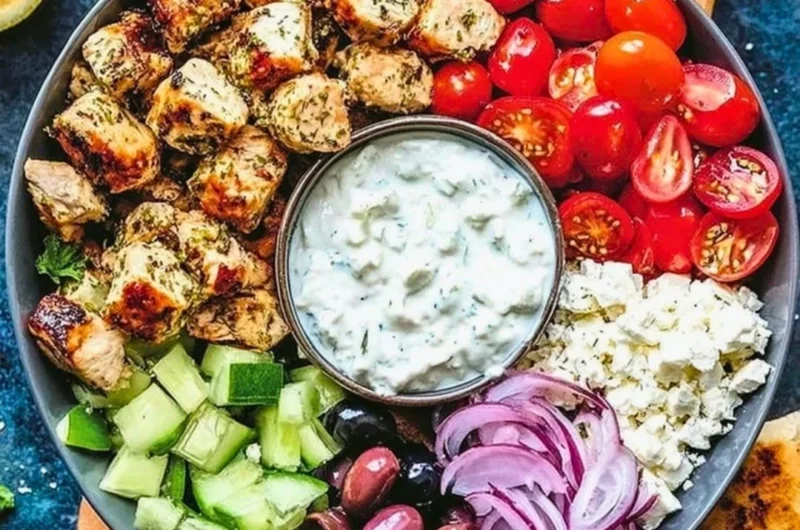Delicious low-carb Keto Greek Chicken Bowl with fresh vegetables and feta cheese