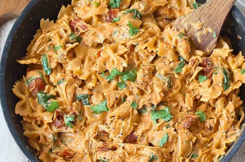 Plate of Marry Me Chicken Pasta topped with herbs and served with garlic bread