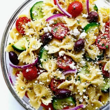 Colorful Mediterranean Pasta Salad with vegetables and olives