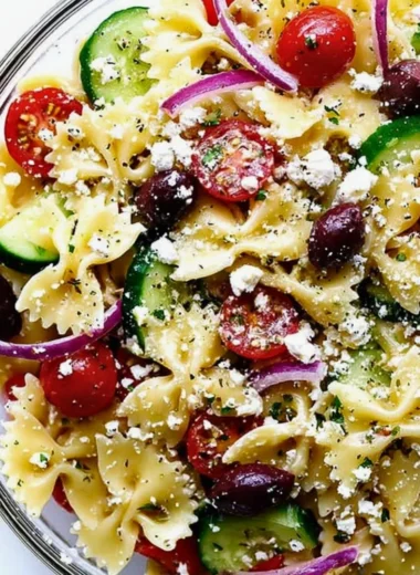 Colorful Mediterranean Pasta Salad with vegetables and olives