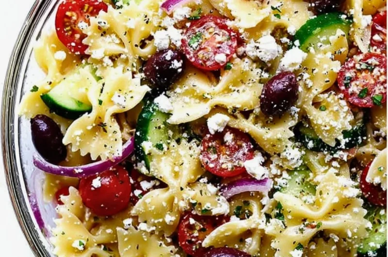 Colorful Mediterranean Pasta Salad with vegetables and olives