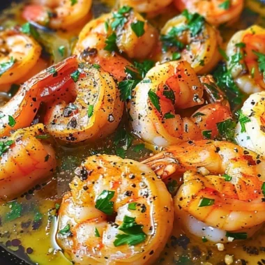 Mediterranean shrimp skillet with lemon garlic sauce served in a cast-iron pan