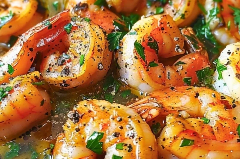 Mediterranean shrimp skillet with lemon garlic sauce served in a cast-iron pan