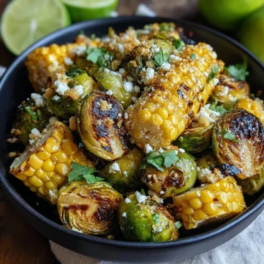 Plate of Mexican street corn Brussels sprouts topped with cheese and spices.