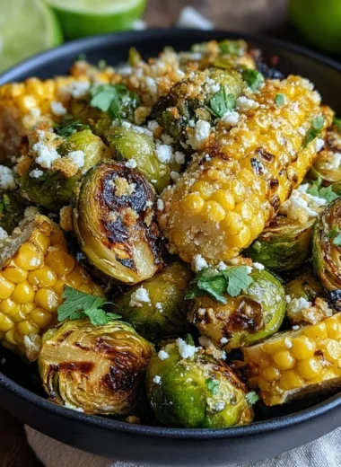 Plate of Mexican street corn Brussels sprouts topped with cheese and spices.