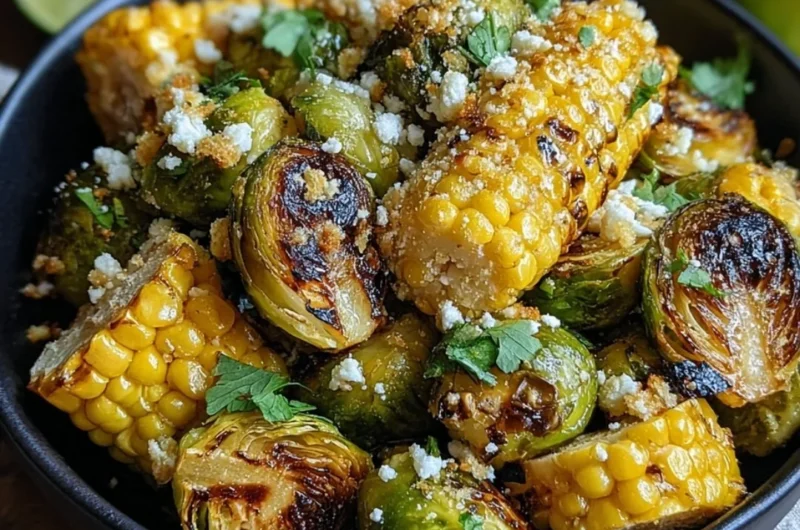 Plate of Mexican street corn Brussels sprouts topped with cheese and spices.