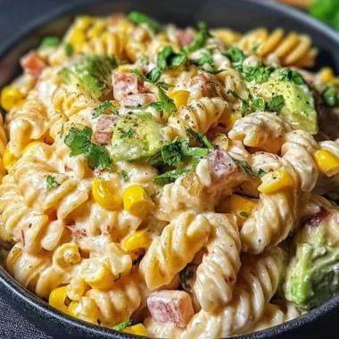 Mexican Street Corn Pasta Salad with vibrant corn, pasta, and fresh herbs.