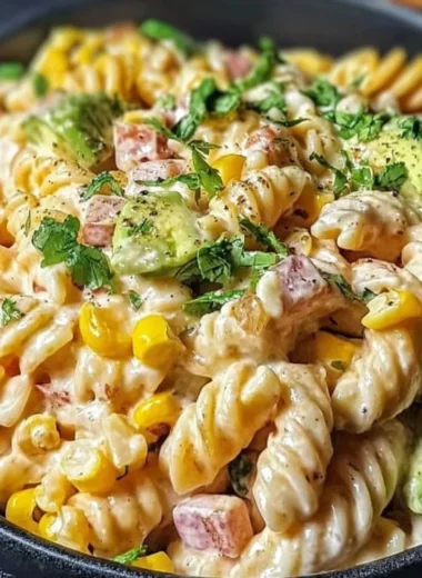 Mexican Street Corn Pasta Salad with vibrant corn, pasta, and fresh herbs.