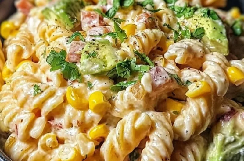 Mexican Street Corn Pasta Salad with vibrant corn, pasta, and fresh herbs.