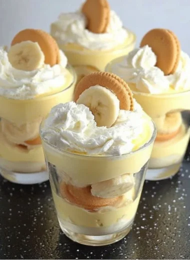 Nilla Wafer Banana Pudding Cups topped with banana slices and whipped cream