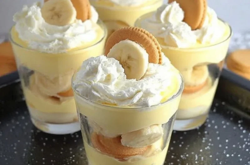 Nilla Wafer Banana Pudding Cups topped with banana slices and whipped cream