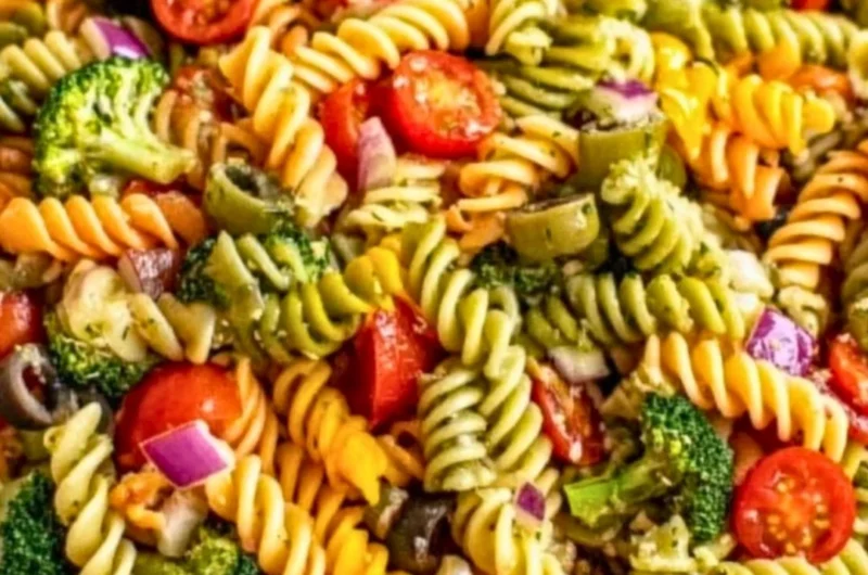 Colorful pasta salad with vegetables and dressing in a bowl
