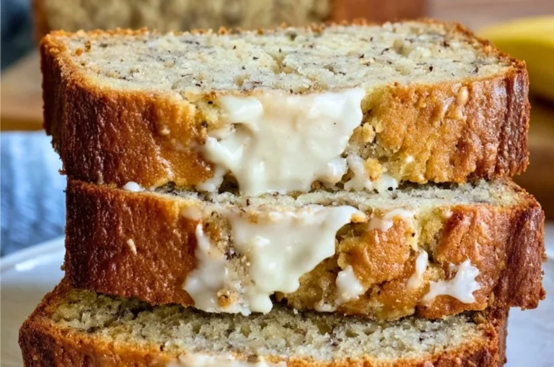 Loaf of perfect banana bread with slices showcasing its moist texture and rich flavor.