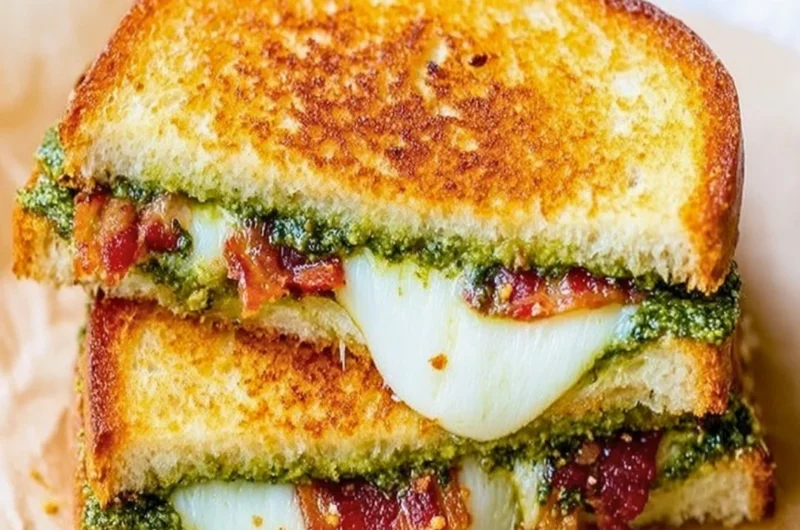 Pesto grilled cheese sandwich with melted cheese and fresh basil