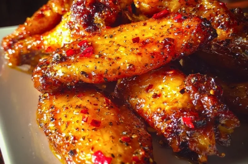 Pineapple Cowboy Candy Chicken Wings served on a platter with a BBQ sauce drizzle