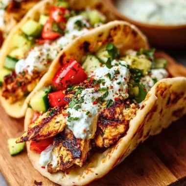 Delicious Mediterranean chicken tacos served on a plate with fresh veggies