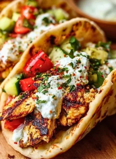 Delicious Mediterranean chicken tacos served on a plate with fresh veggies