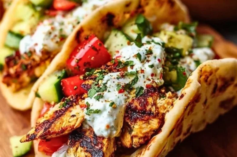 Delicious Mediterranean chicken tacos served on a plate with fresh veggies