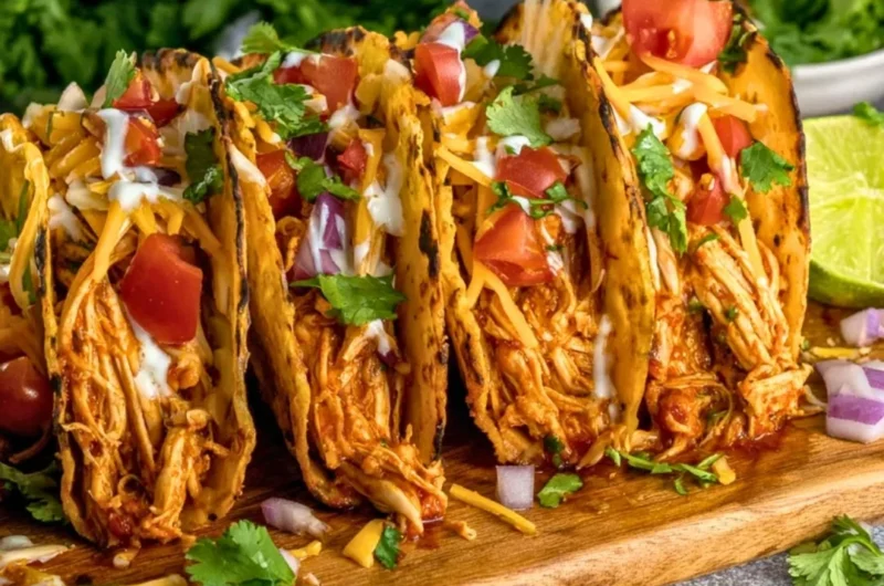 Delicious slow cooker shredded chicken tacos served with toppings