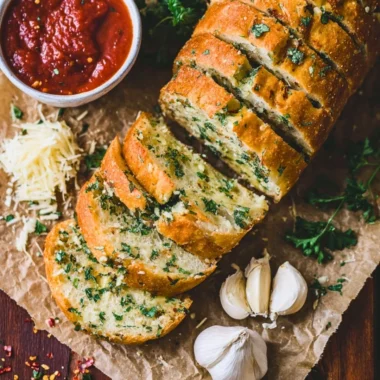 Sourdough garlic bread served with herbs and butter, golden and crispy.