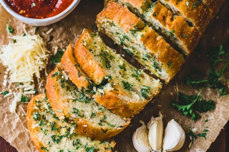 Sourdough garlic bread served with herbs and butter, golden and crispy.