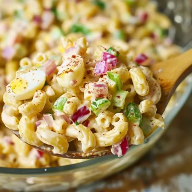 Bowl of Southern Macaroni Salad with colorful vegetables