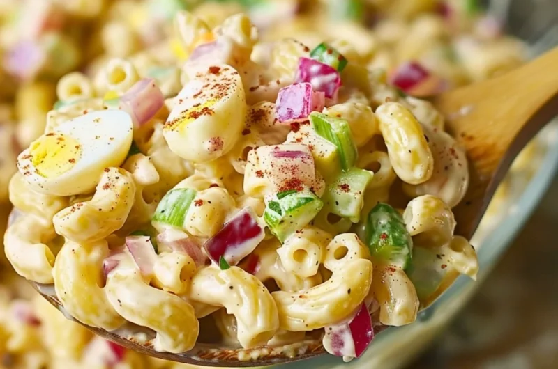 Bowl of Southern Macaroni Salad with colorful vegetables