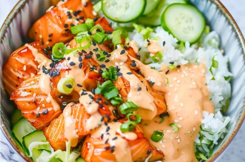 Delicious Spicy Salmon Bowl garnished with vegetables and sauces