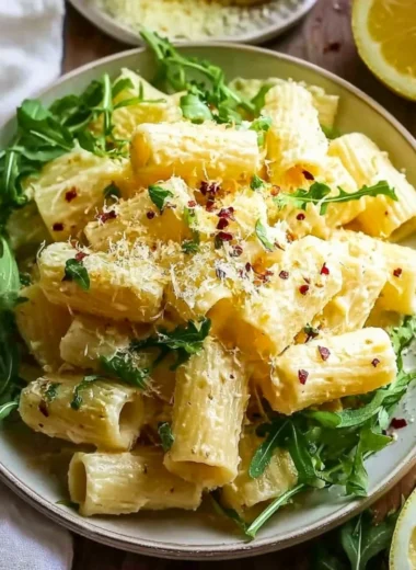 Creamy lemon ricotta pasta with arugula served in a bowl, a delicious recipe