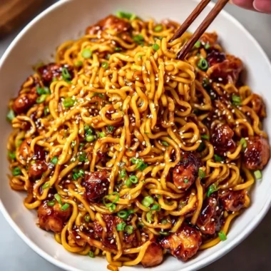 Delicious Sticky Garlic Chicken Noodles served in a bowl with fresh herbs