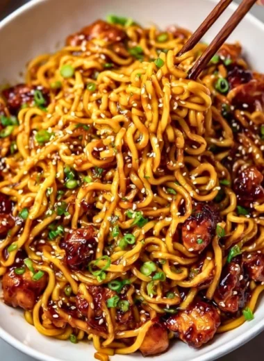 Delicious Sticky Garlic Chicken Noodles served in a bowl with fresh herbs