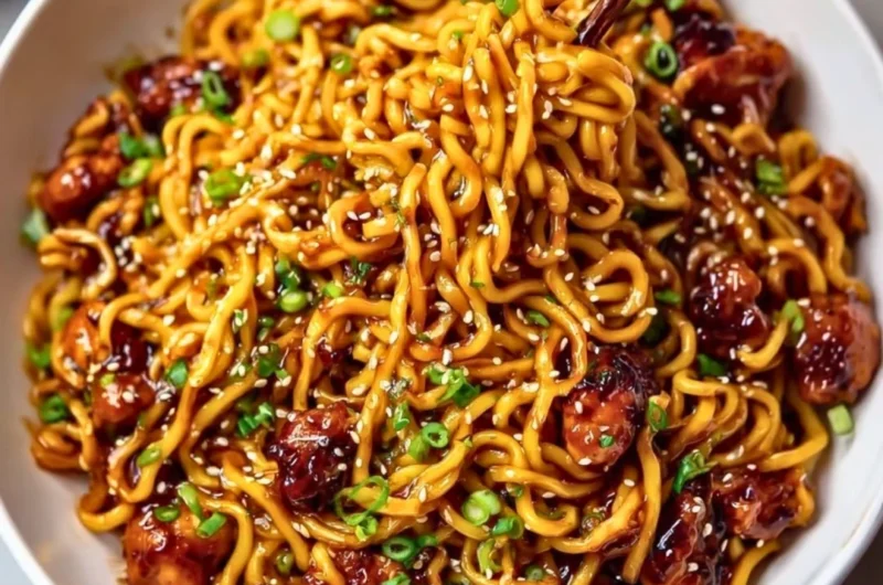 Delicious Sticky Garlic Chicken Noodles served in a bowl with fresh herbs