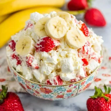 Bowl of strawberry banana fluff salad with whipped cream and fresh fruit