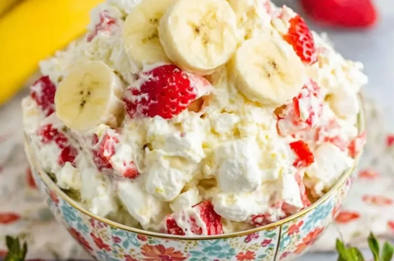Bowl of strawberry banana fluff salad with whipped cream and fresh fruit