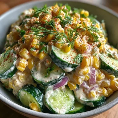 Creamy cucumber and street corn salad garnished with fresh ingredients