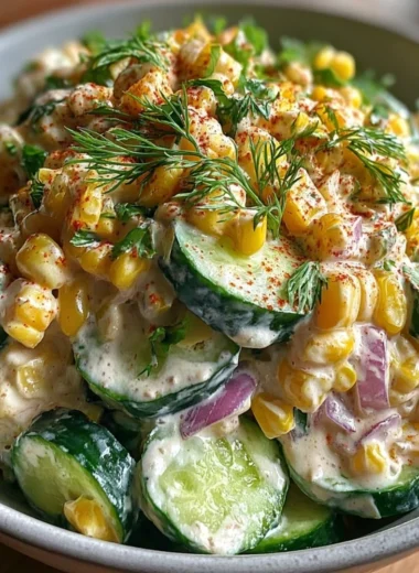 Creamy cucumber and street corn salad garnished with fresh ingredients