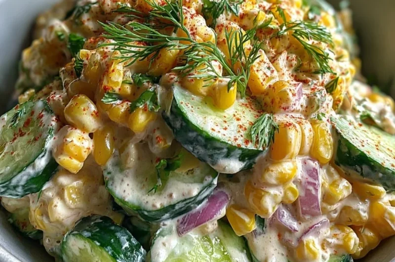 Creamy cucumber and street corn salad garnished with fresh ingredients