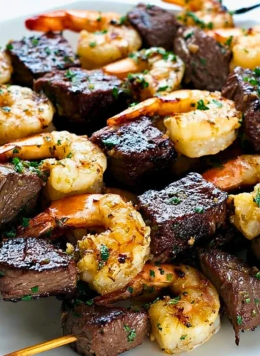 Delicious Surf and Turf Kebabs with vibrant Chimichurri Sauce